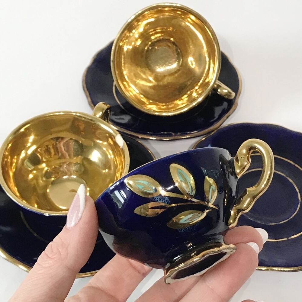 Reichenbach Geschenke Three Tea Cup Plate Set Echt Kobalt Gold Filigree Mocha